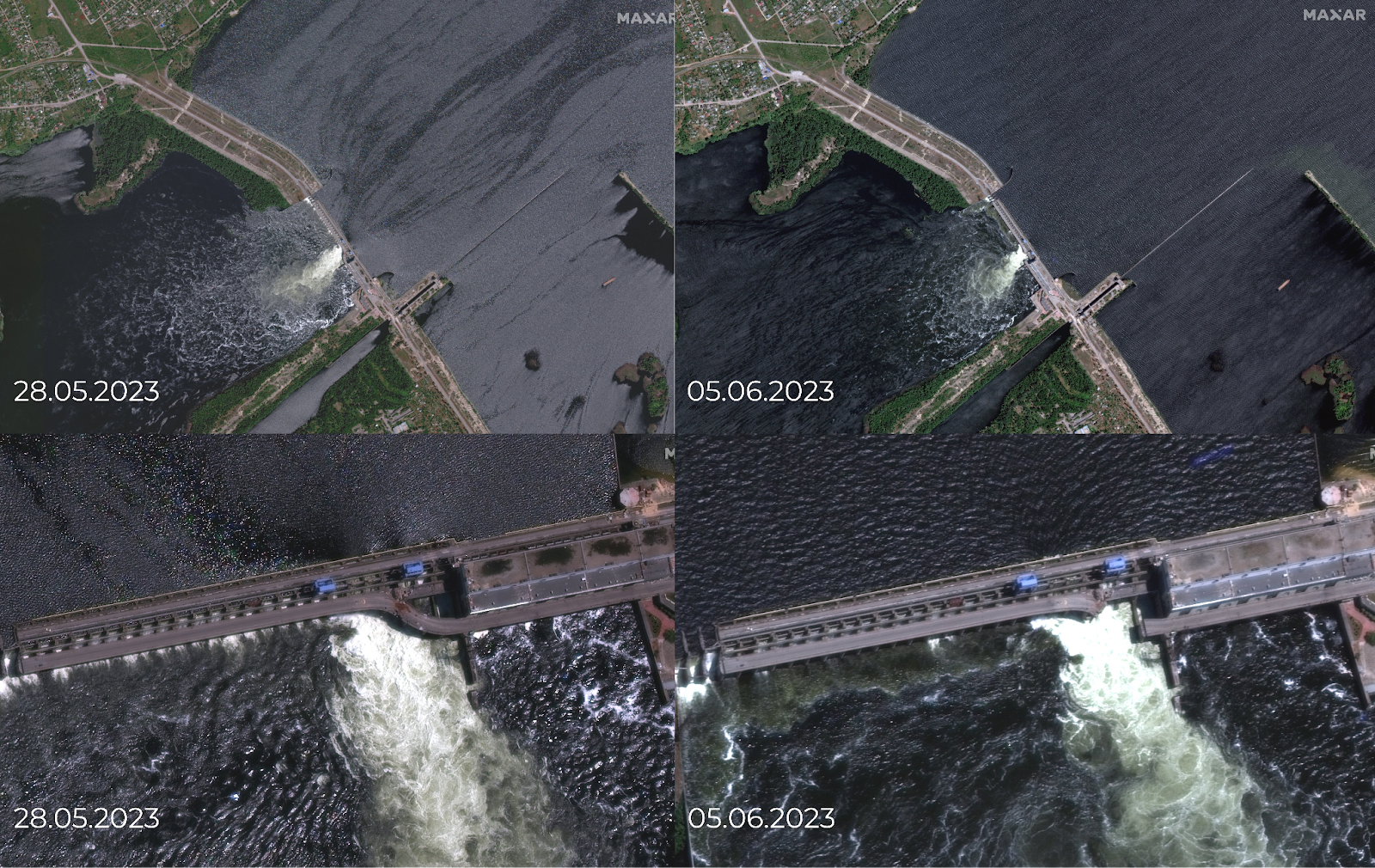 Diferentes imágenes recopiladas por la agencia británica Molfar que muestran la destrucción de la infraestructura de la represa de Kakhovka a través de imágenes satelitales y que una parte de la infraestructura compuesta por la calle interior ya había sido destruida un día antes. (molfar)