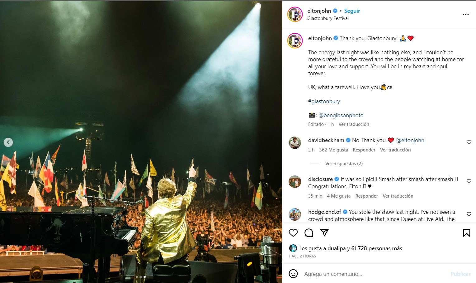 Elton John agradeció a sus fanáticos por la emotiva despedida que tuvo en el festival Glastonbury
Foto: Instagram/Elton John, BEN GIBSON PHOTO