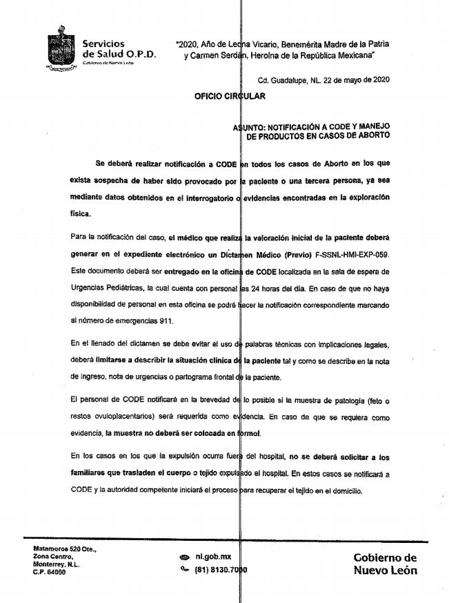 Oficio circular del 22 de mayo de 2020 de Servicios de Salud de Nuevo León sobre la notificación al Centro de Orientación y Denuncia y el manejo de productos en los casos de aborto