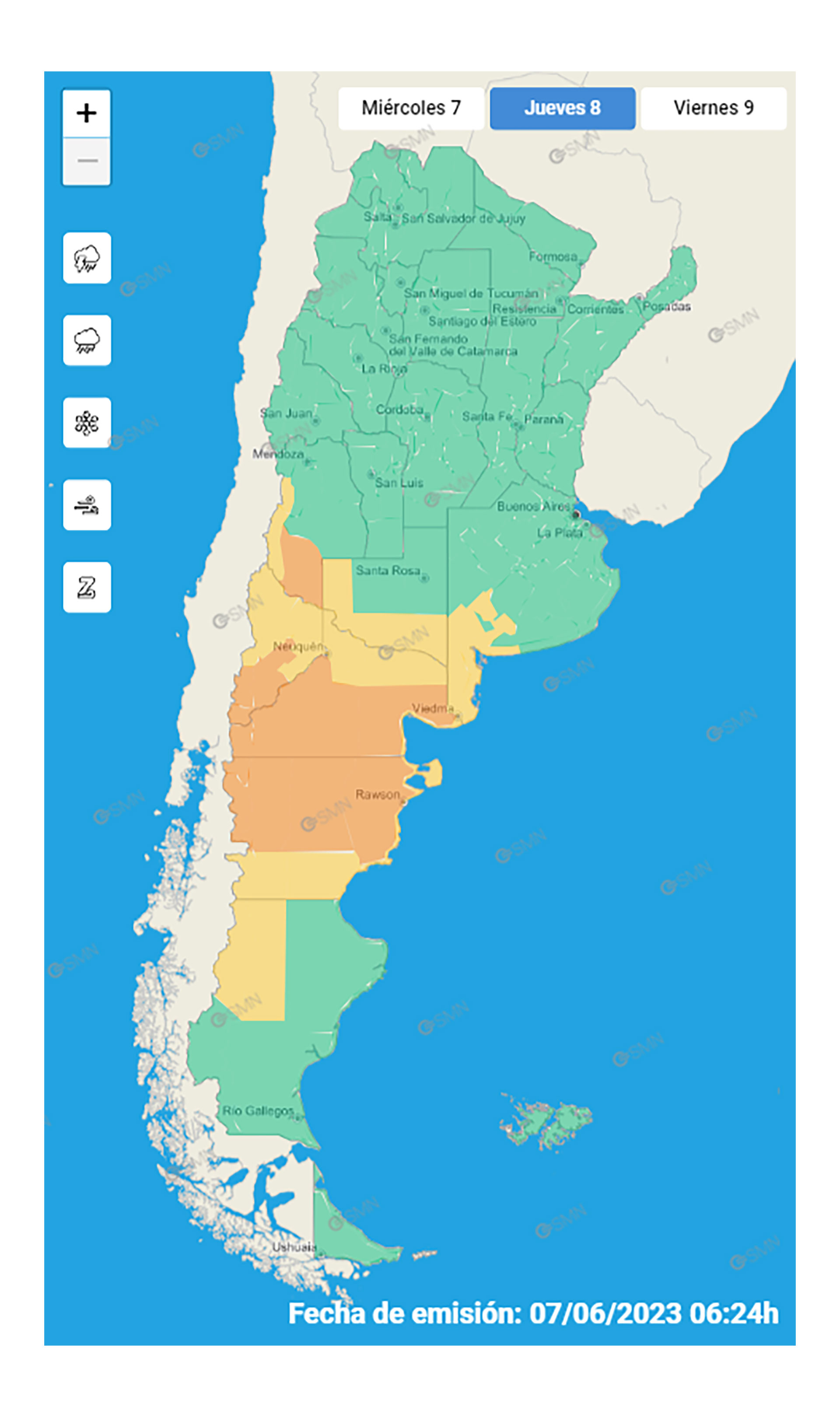 El SMN emitió alerta amarilla y naranja para las provincias de Mendoza y Santa Cruz por precipitaciones y nevadas. (SMN)