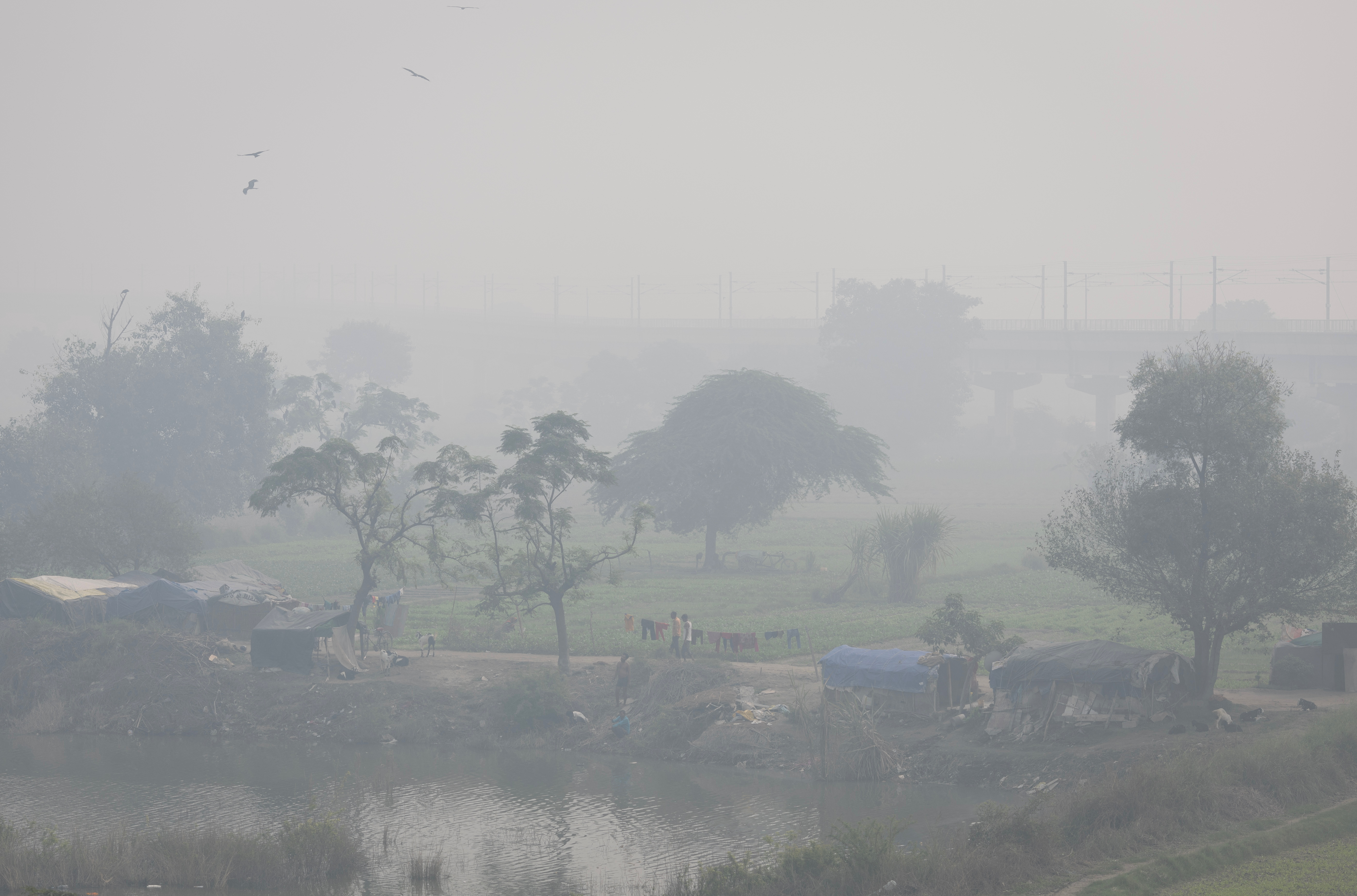 La gente camina a través de la pesada niebla tóxica fuera de sus hogares en el lecho del río Yamuna en Nueva Delhi, India 3 de noviembre de 2022. REUTERS/Adnan Abidi