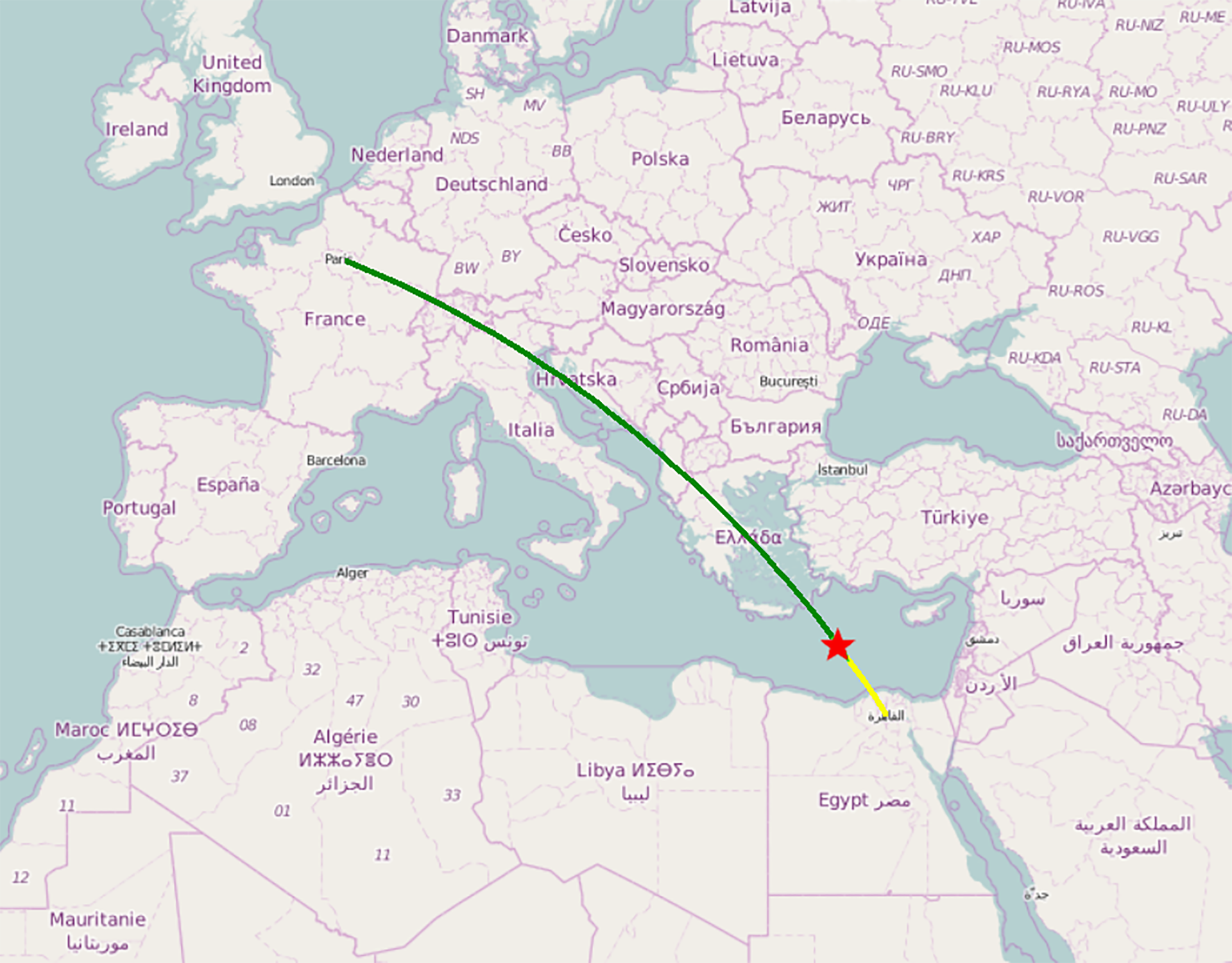 Mapa del trayecto que hizo el MS804 hasta desaparecer de los radares y caer al mar Mediterráneo, la estrella roja marca el lugar del accidente, mientras que la ruta en verde es el recorrido que ya había hecho, y el amarillo lo que le faltaba