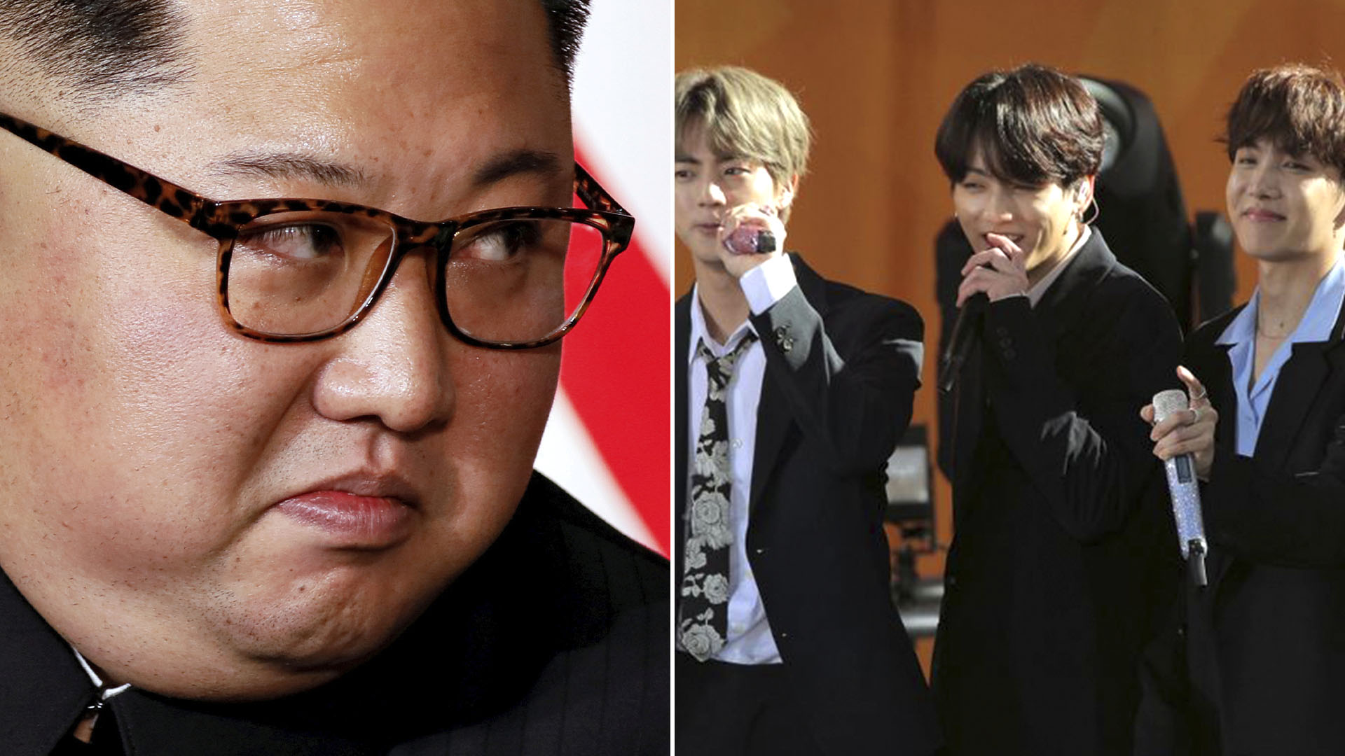 El dictador de Corea del Norte, Kim Jong-un prohibió a los grupos musicales de K-pop. A su derecha, los integrantes de la famosa banda BTS (Infobae)