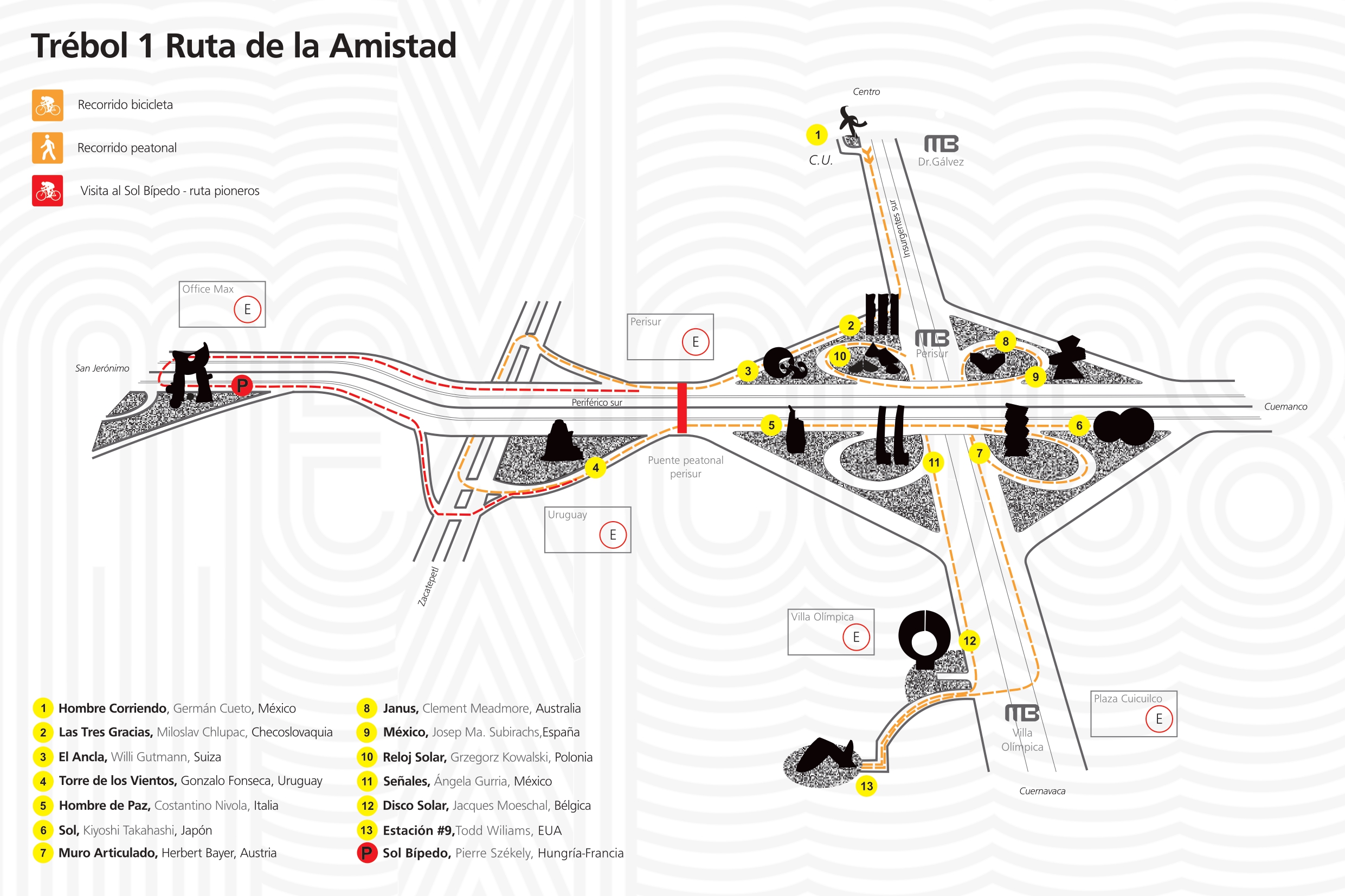 Mapa de las esculturas de La Ruta de la Amistad sobre Insurgentes Sur
(Foto: mexico68.org)