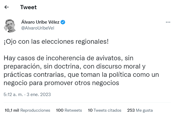 Tuit de Álvaro Uribe Vélez sobre elecciones regionales en Colombia