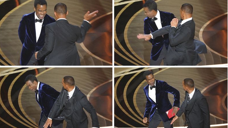 Imagen combinada que muestra a Will Smith golpeando a Chris Rock mientras éste hablaba en el escenario durante la 94ª edición de los Premios de la Academia (REUTERS/Brian Snyder)