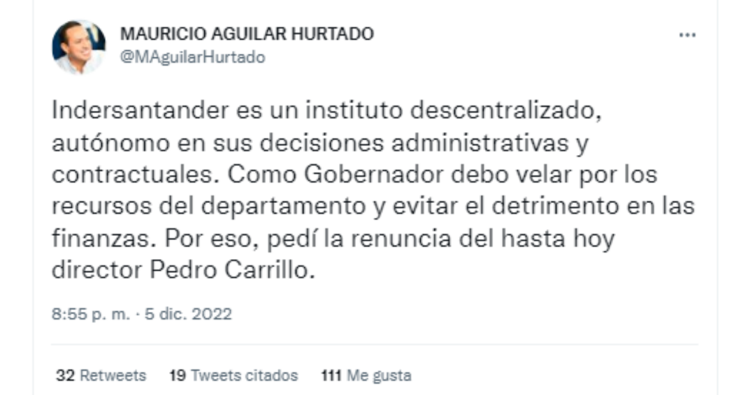 El gobernador de Santander Mauricio Aguilar, se pronunció sobrio sobre la presunta corrupción en Indersantander.  Crédito: Twitter Mauricio Aguilar Hurtado.