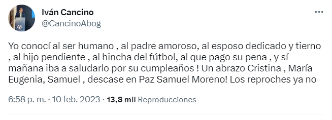 Iván Cancino se despidió de Samuel Moreno a trravés de su cuenta de Twitter y envió un mensaje a la familia