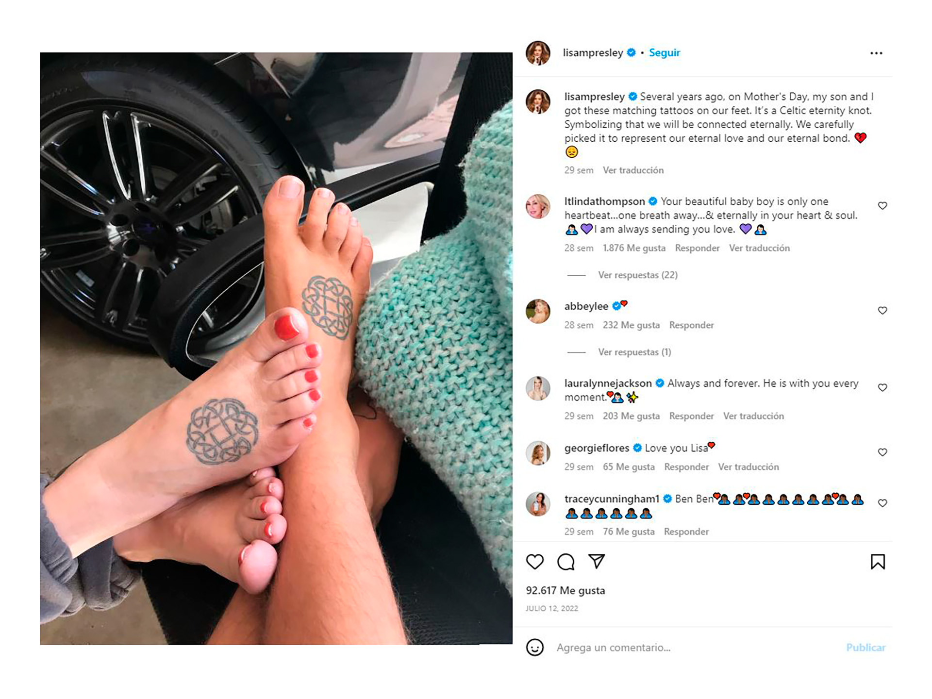 En uno de sus últimos posteos en Instagram, Lisa Marie recordó que junto a su hijo se habían hecho el mismo tatuaje