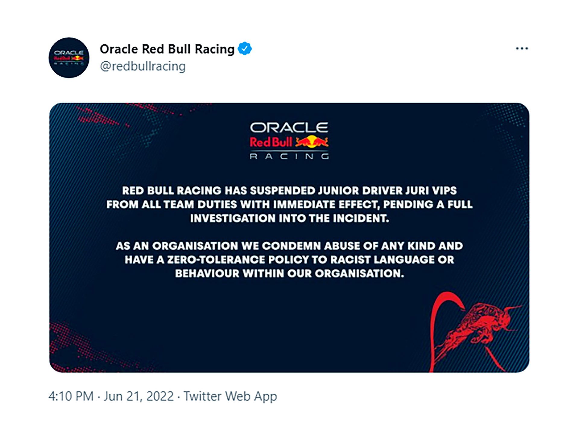 El posteo de Red Bull repudiando la actitud de Vips