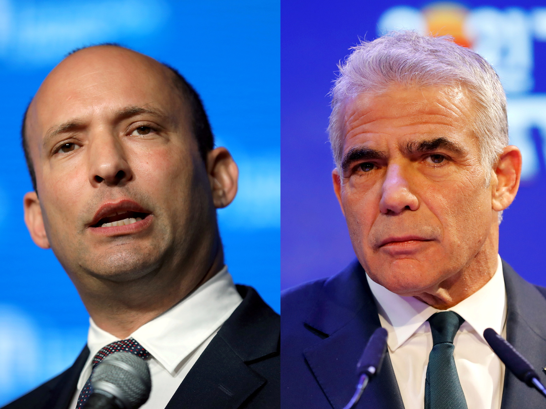 El nacionalista ex ministro de Education Naftali Bennett y elcentrista Yair Lapid. Ambos se sucederán en el puesto de Primer Ministro. REUTERS/Ammar Awad/Amir Cohen