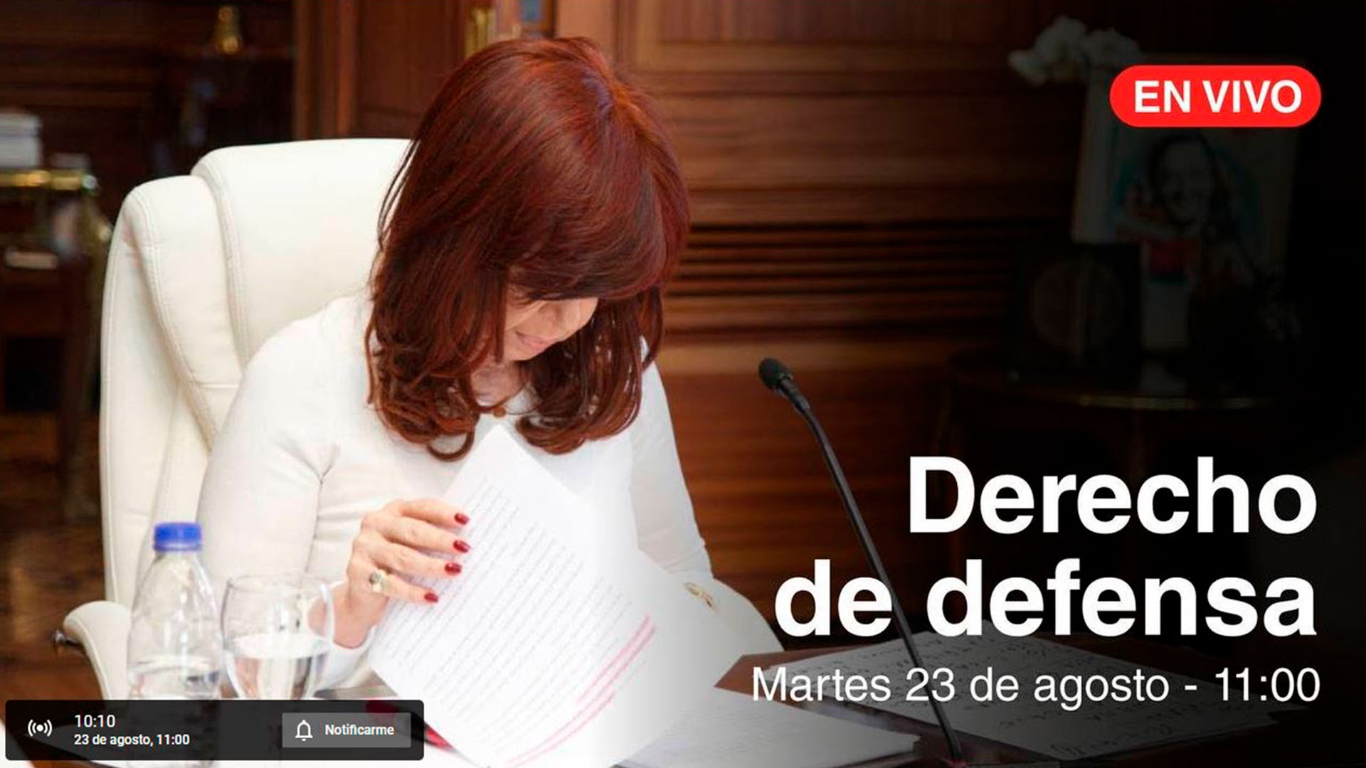 "Derecho de defensa": el título elegido por Cristina Kirchner para la transmisión en vivo durante la cual brindará un discurso en rechazo al pedido de prisión del fiscal Luciani. 