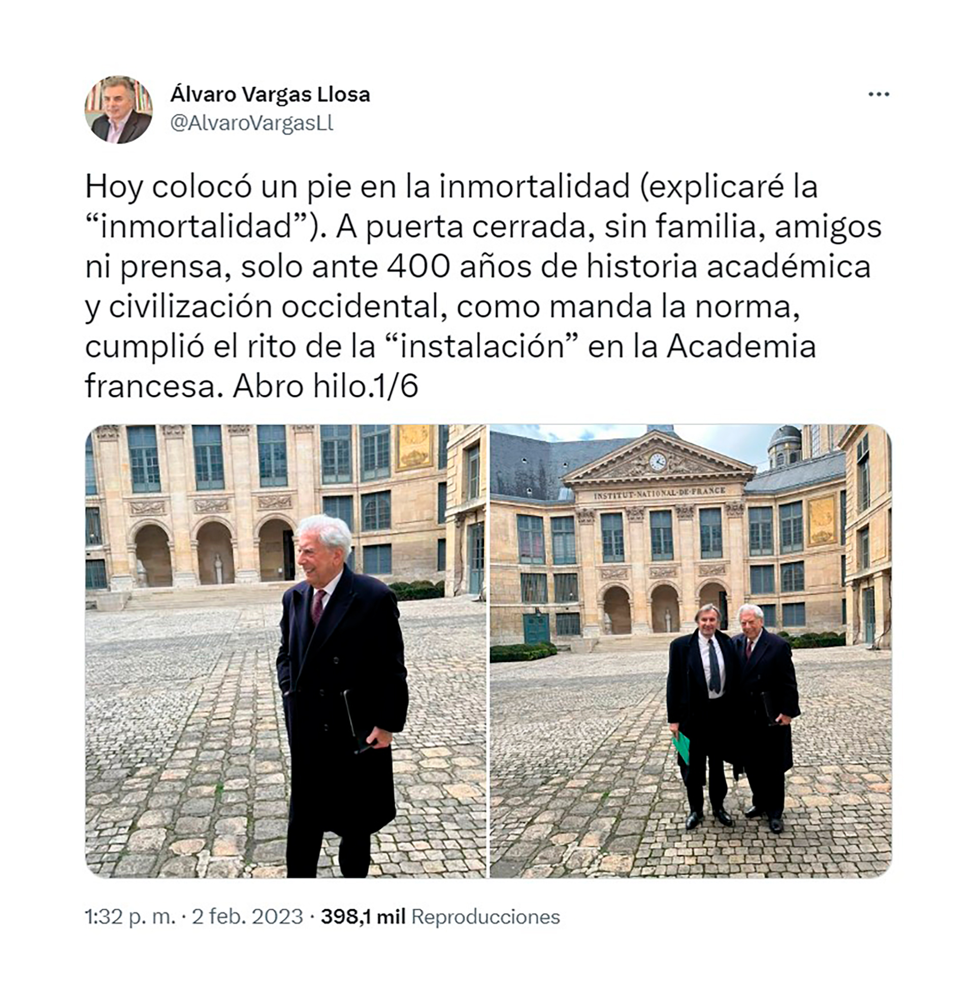 Mario Vargas Llosa y el primer paso para su "inmortalidad" (Cuenta de Twitter de Álvaro Vargas Llosa)
