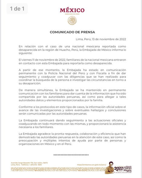 Comunicado de la embajada de México en Perú.