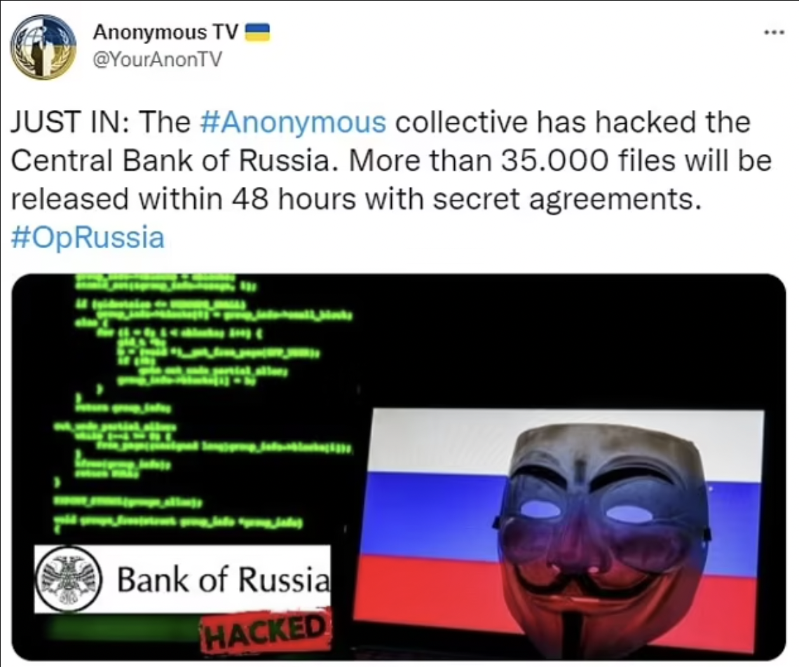 La publicación en la que Anonymous anuncia su ataque al Banco Central de Rusia.