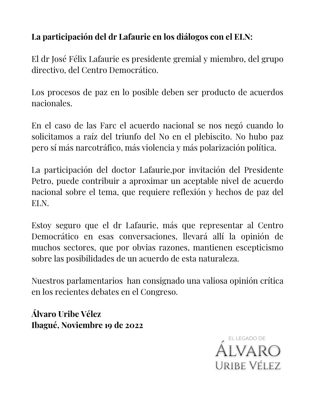 Carta de Uribe sobre José Félix Lafaurie