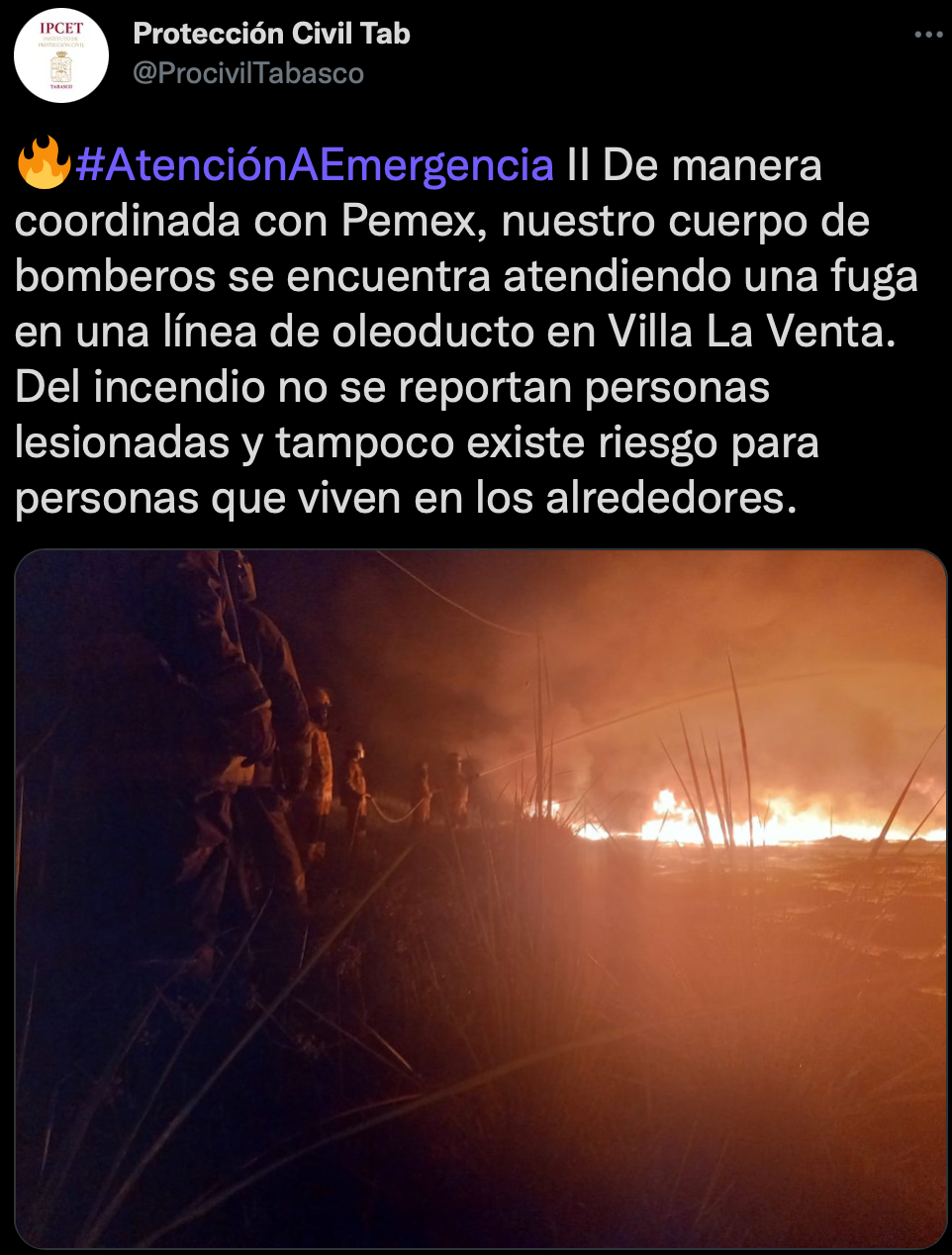 Protección Civil de Tabasco notificó que no se reportan personas lesionadas (Foto: Twitter/@ProcivilTabasco)