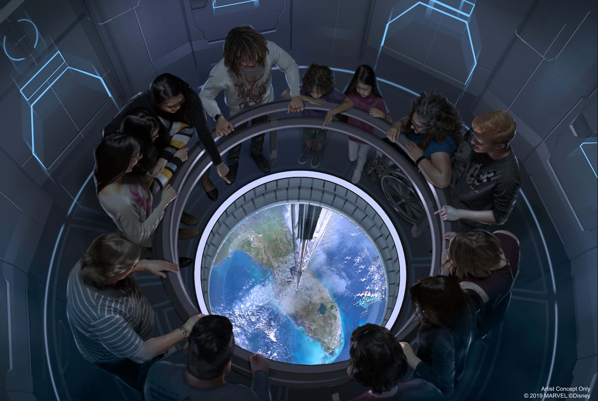 El ascensor espacial simulado nos eleva a una aventura de 354 kilómetros de alto (Disney)