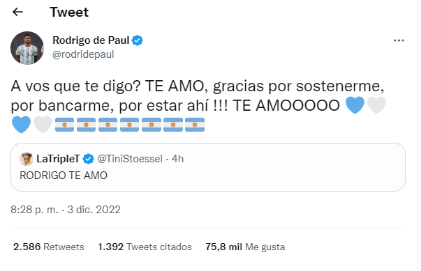 El tierno mensaje de Rodrigo De Paul a Tini Stoessel (Foto: Twitter)