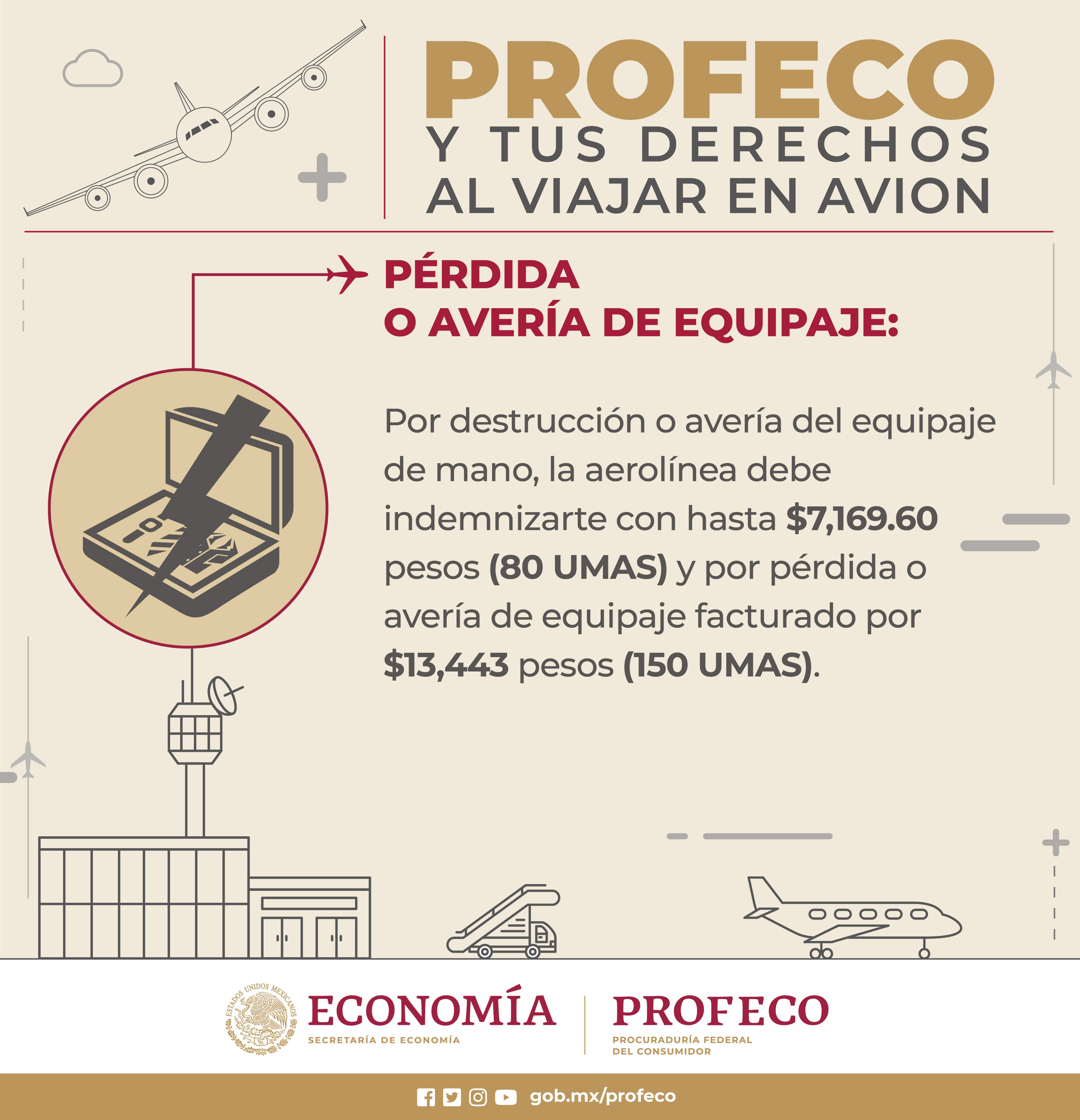 Los montos máximos por pérdida o avería son de 7 mil 169. 60 pesos y 13 mil 443 pesos para equipaje de mano y facturado (Foto: Twitter @Profeco)