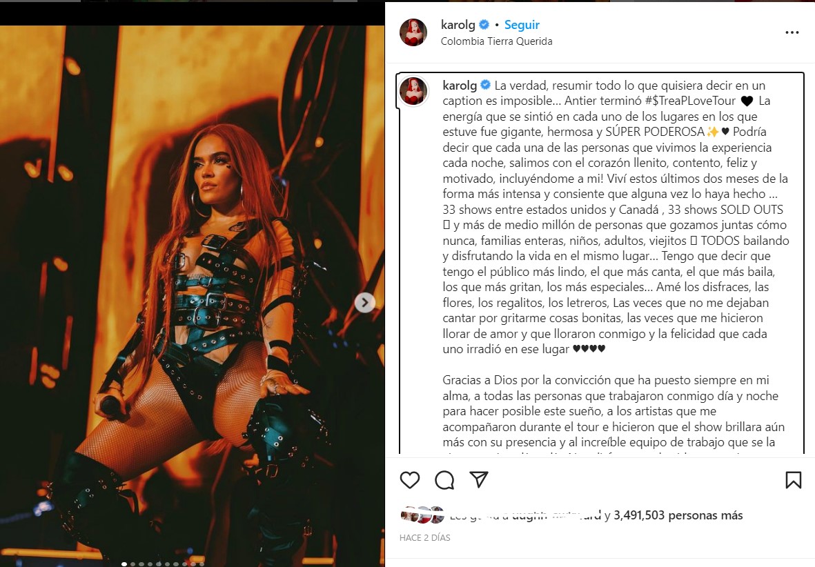 Tras concluir su Strip Love Tour por los Estados Unidos, Karol G agradece a sus fanáticos: “Le dedico esto a mi casita ¡Colombia!”. Foto: Instagram @karolg
