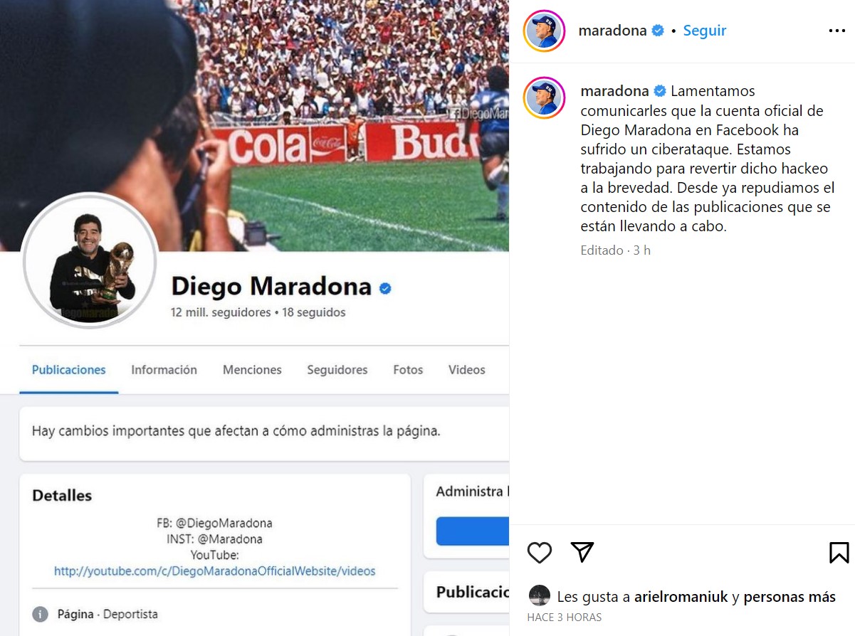 Hackearon la cuenta de Facebook de Diego Maradona - Infobae
