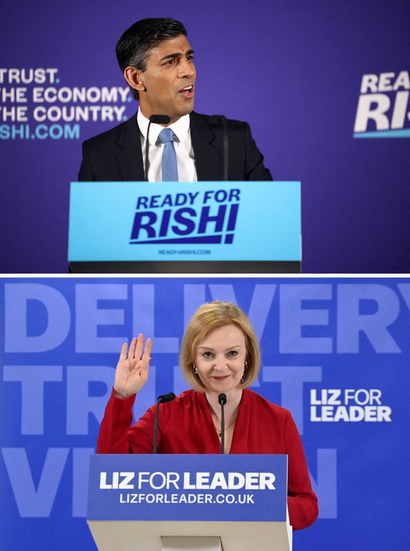 Una imagen combinada muestra al exsecretario de Finanzas Rishi Sunak hablando con los medios de comunicación en un acto de lanzamiento de su campaña para ser el próximo líder conservador y primer ministro, en Londres, Gran Bretaña. 12 de julio, 2022. Y a la secretaria de Relaciones Exteriores británica y candidata al liderazgo conservador Liz Truss hablando durante su acto de lanzamiento de campaña, en Londres, Gran Bretaña. 14 de julio, 2022. REUTERS/Henry Nicholls y Toby Melville