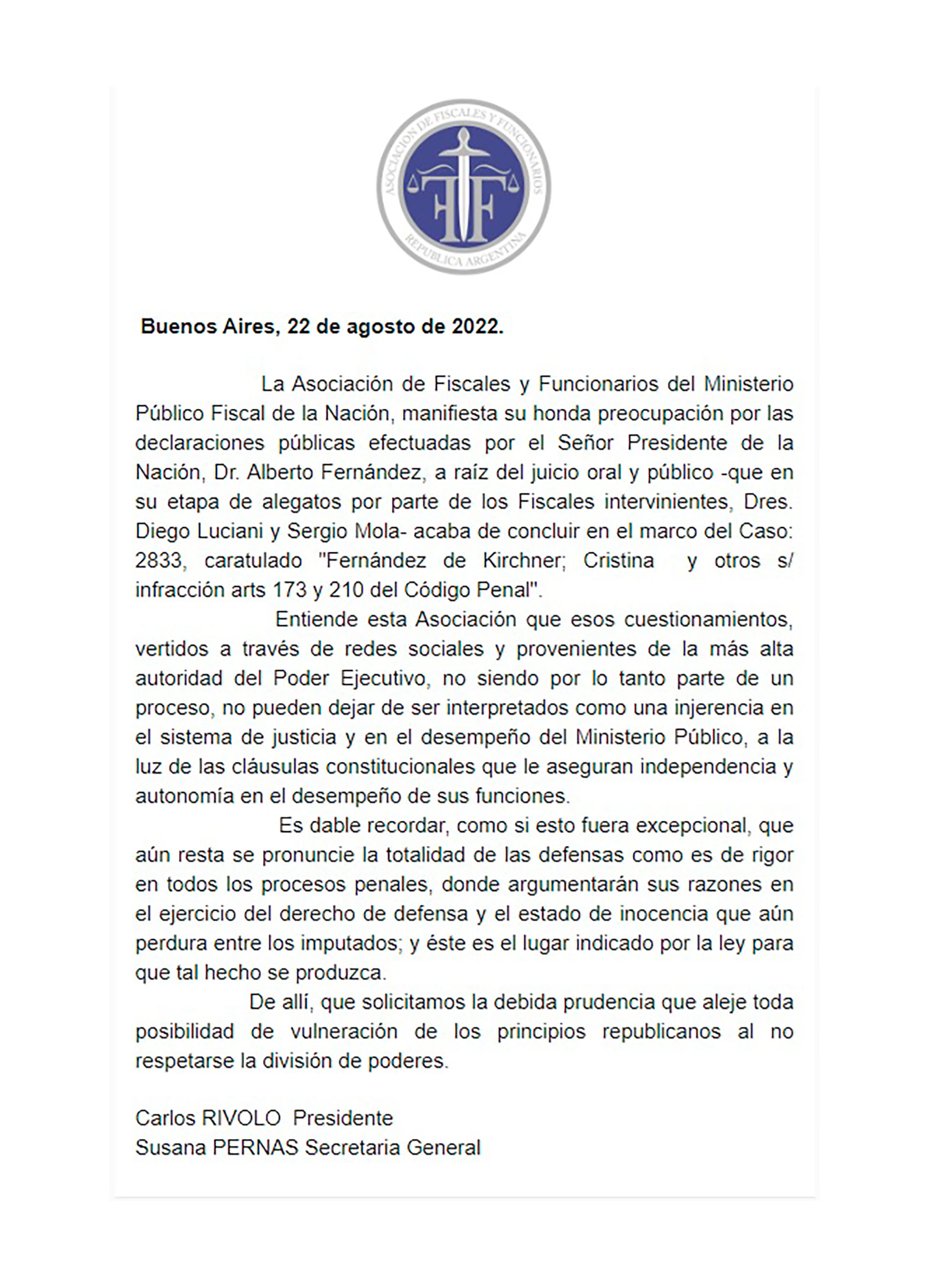 El comunicado de la Asociación de Fiscales y Funcionarios del Ministerio Público Fiscal de la Nación
