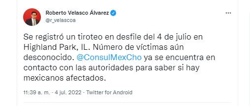 Roberto Velasco informó que la SRE y el Consulado General de México en Chicago ya se encuentran desplegando acciones para determinar si hay mexicanos afectados en el tiroteo (Foto: Twitter/ @r_velascoa)