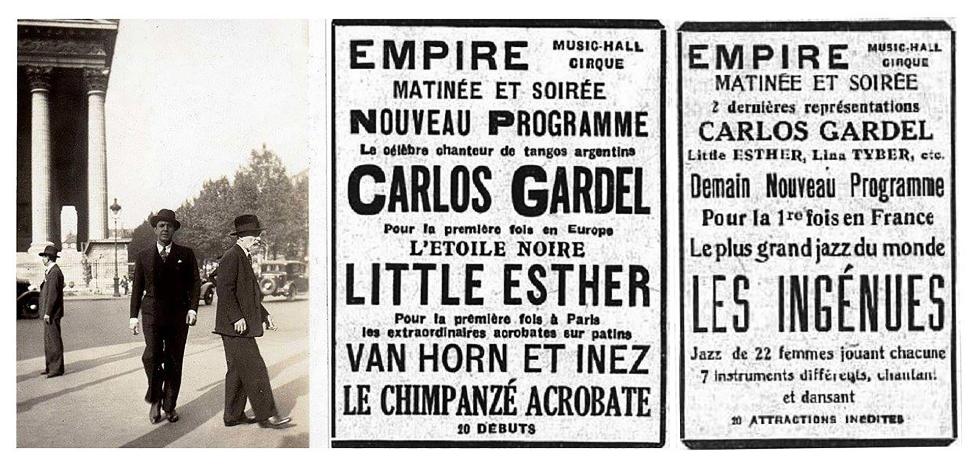 Foto de Gardel en París, cruzando la Rue Royal. Anuncios de la presentación en el Empire del célebre cantor argentino Carlos Gardel. (Archivo Walter Santoro)