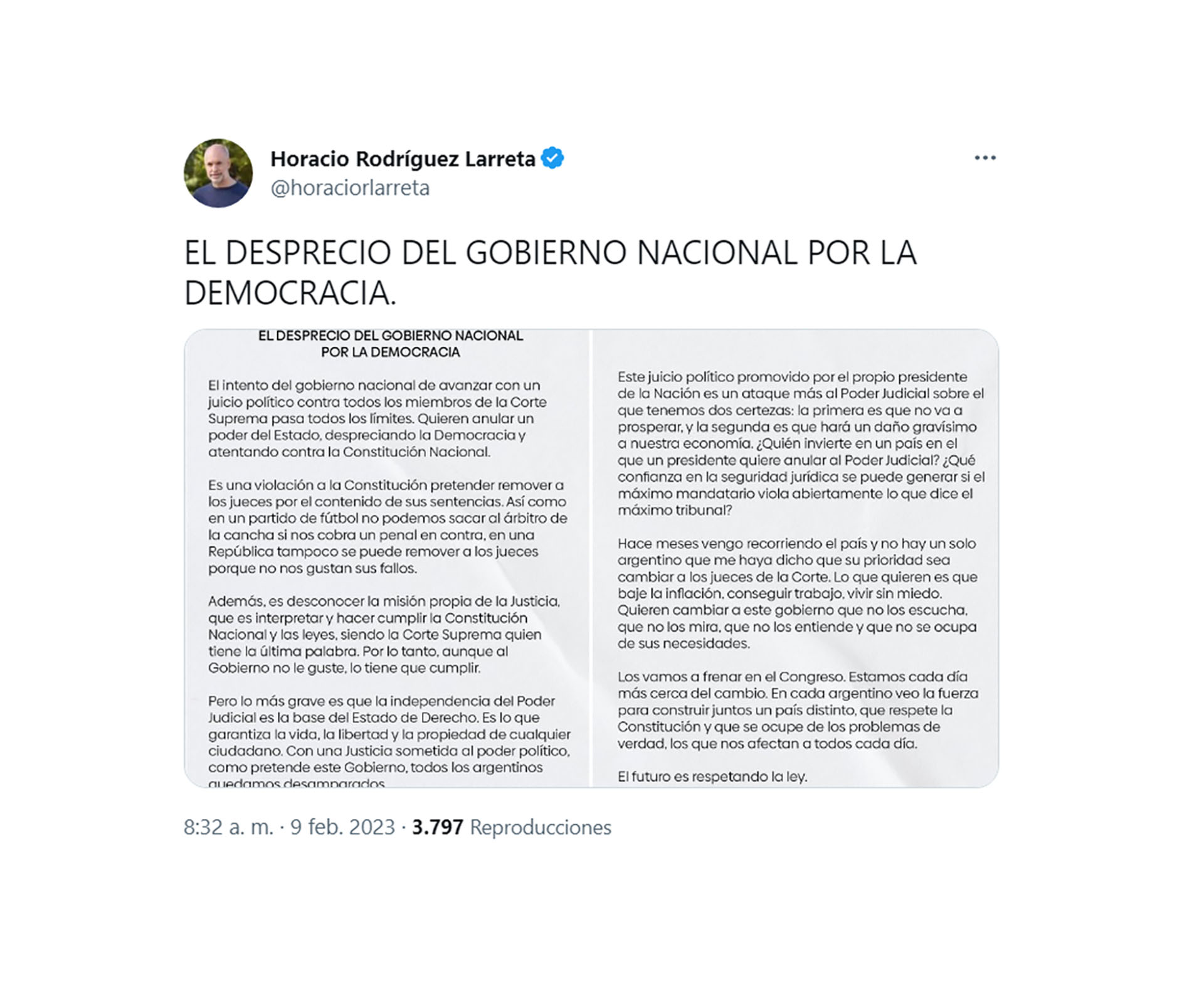 El mensaje de Horacio Rodríguez Larreta desde las redes sociales