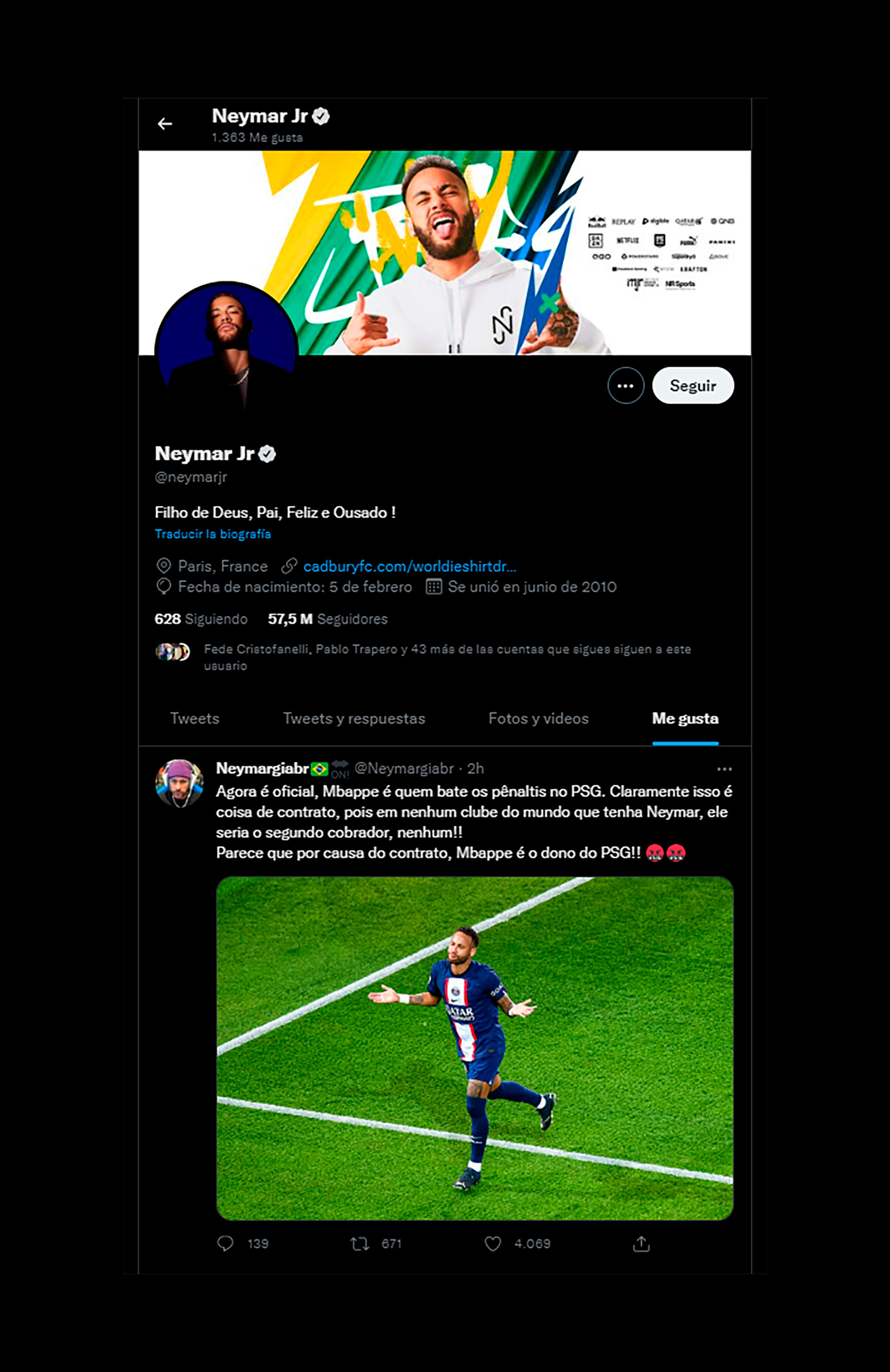 Neymar reaccionó a un comentario en Twitter en contra del francés 