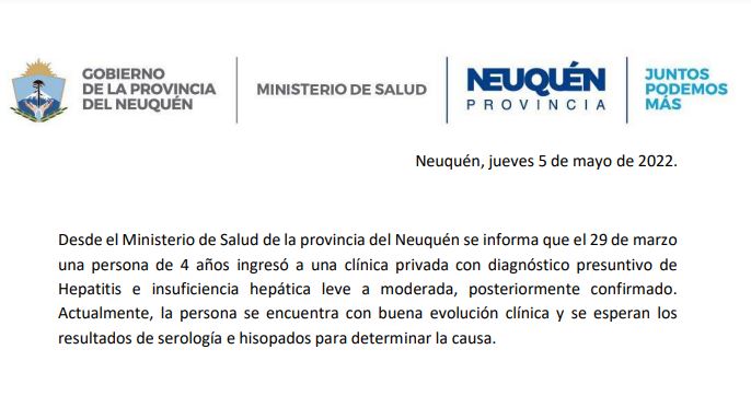 El comunicado original del Ministerio de Salud de Neuquén (aclararon luego que la fecha correcta es 29 de abril)