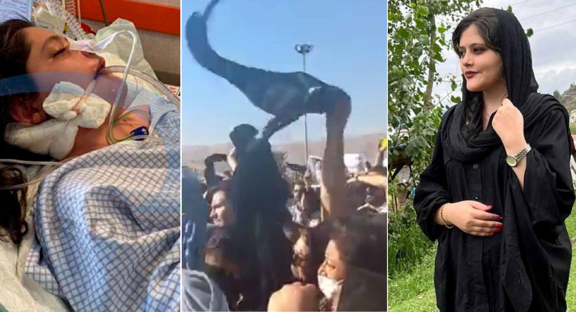 Mahsa Amini, en la foto de la izquierda, era una estudiante de 22 años de origen kurdo que fue golpeada por la policía de la moralidad iraní (izquierda) y murió dos días más tarde generando numerosas protestas (centro).