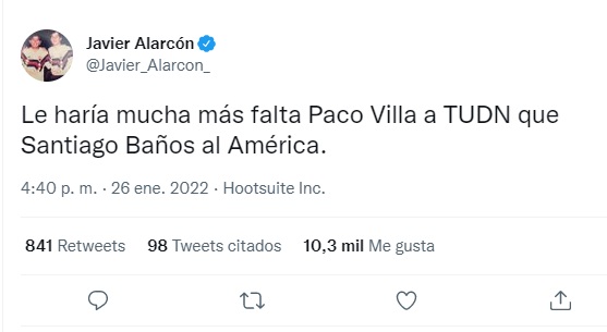 Javier Alarcón opinó sobre el caso de Paco Villa y Santiago Baños (Foto: Twitter/@Javier_Alarcon_)