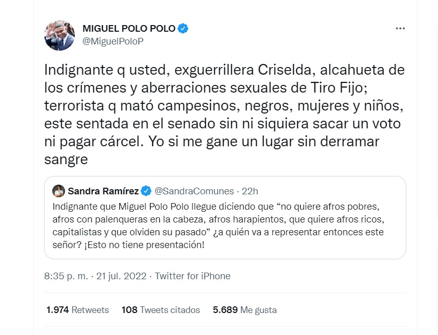 Yo me gané un lugar sin derramar sangre”: Miguel Polo Polo se fue en contra  de Sandra Ramírez, de Comunes - Infobae