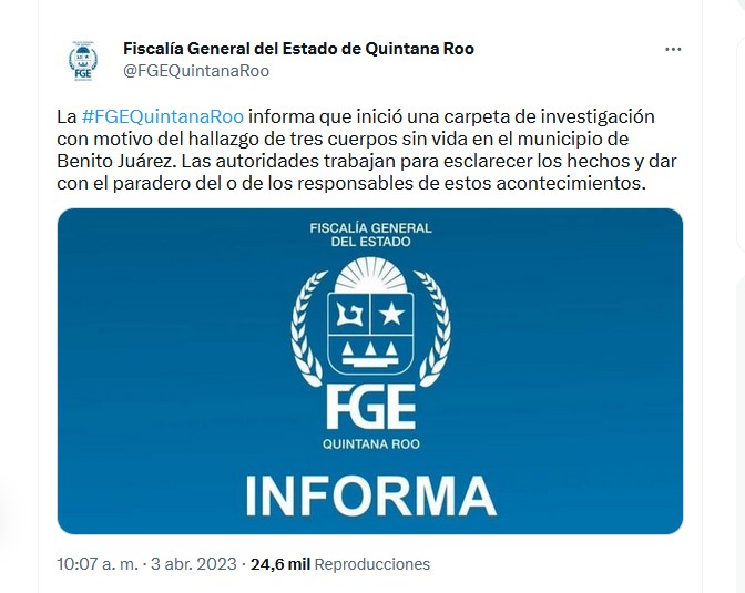 La Fiscalía de Quintana Roo no dio a conocer la edad de las tres víctimas mortales localizadas en la zona hotelera de Cancún (Foto: Twitter@FGEQuintanaRoo)