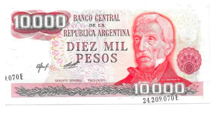 Billete de 10.000 pesos Ley 18.188 de 1977.