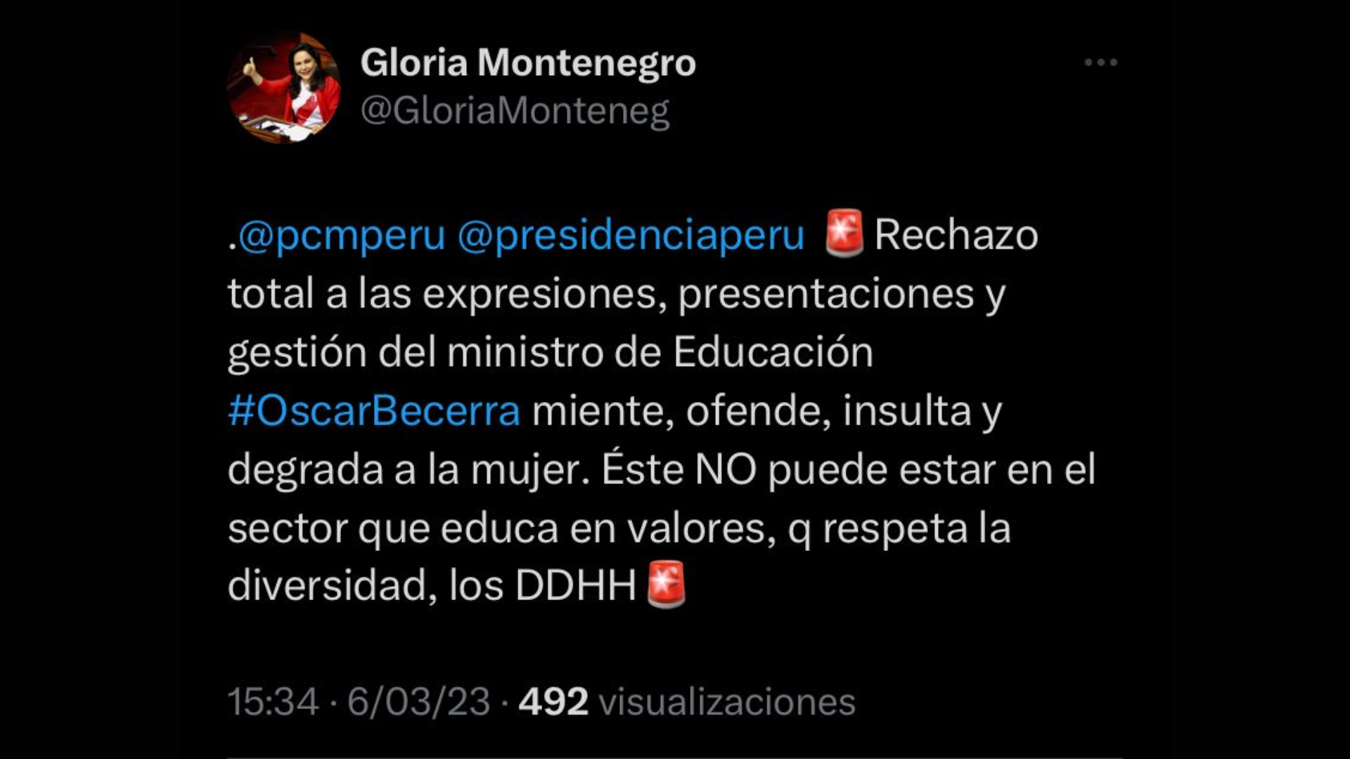 Twitter de la exministra de la Mujer, Gloria Montenegro