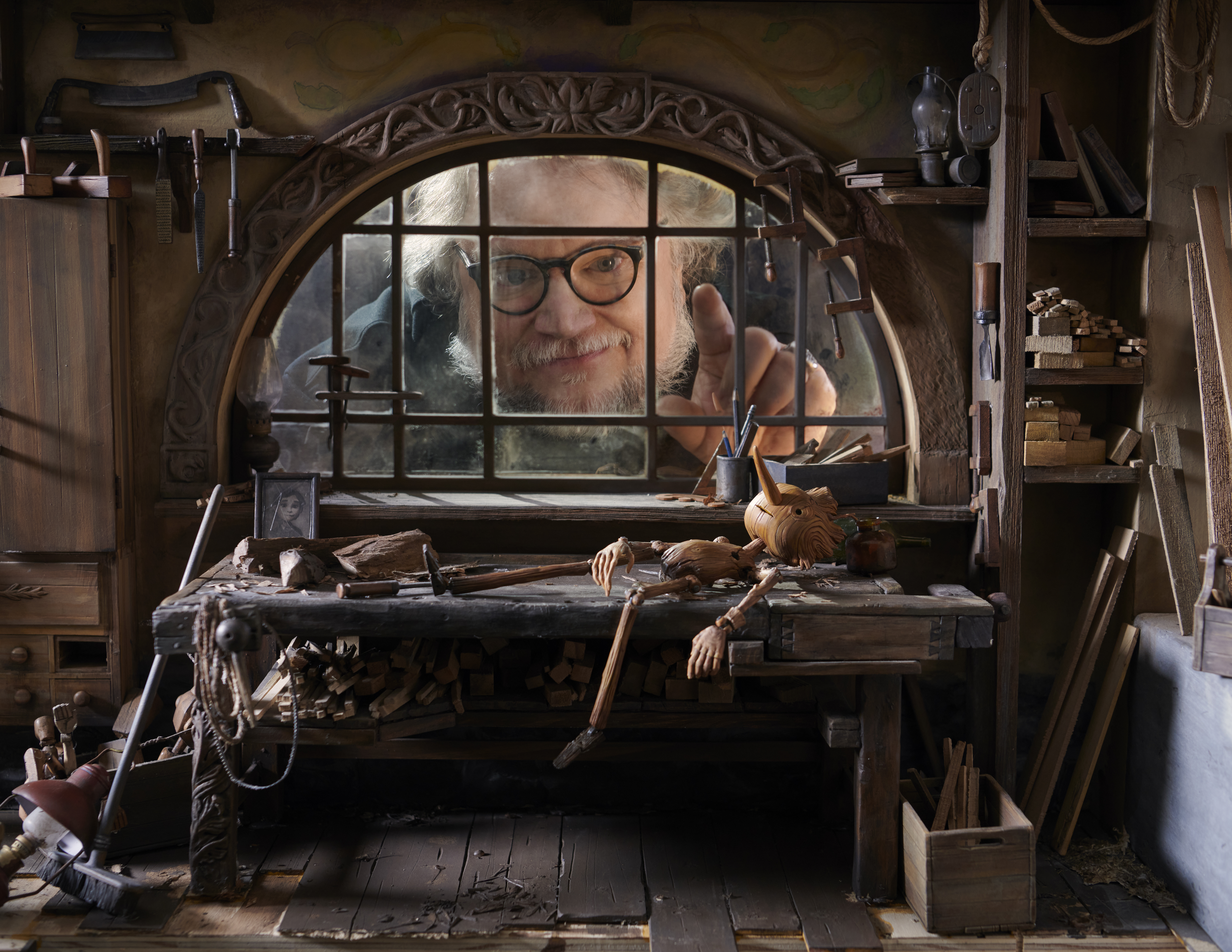In this image provided by Netflix, Guillermo del Toro on the set of "Guillermo del Toro's Pinocchio" (“Pinocchio by Guillermo del Toro”).  (Netflix via AP)