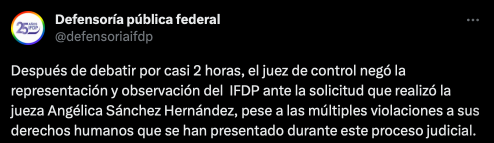El juez de control no permitió la representación de la IFDP (Twitter/@defensoriaifdp)