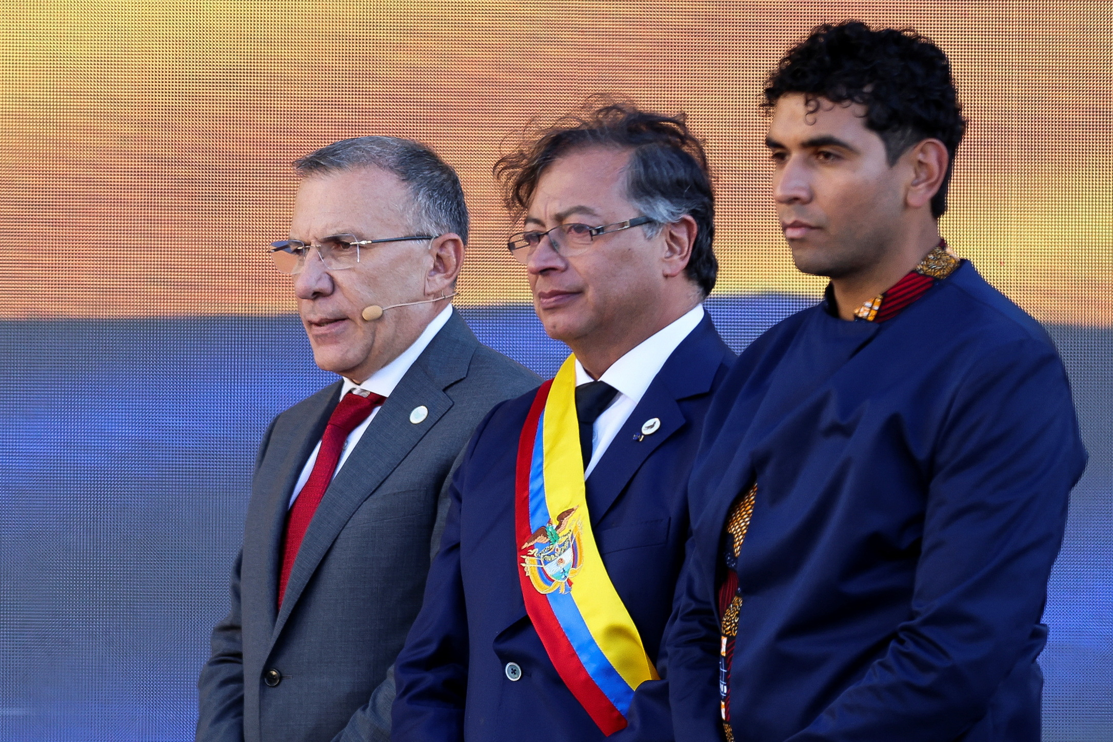 Gustavo Petro , David Racero, President of the Chamber of Representatives of Colombia and Senate President Roy Barrera attend Petro's swearing-in ceremony at Plaza Bolivar, in Bogota, Colombia August 7, 2022. REUTERS/Luisa Gonzalez