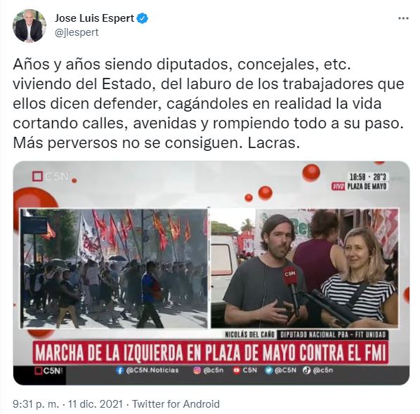El tuit de José Luis Espert durante la movilización de la izquierda en Plaza de Mayo