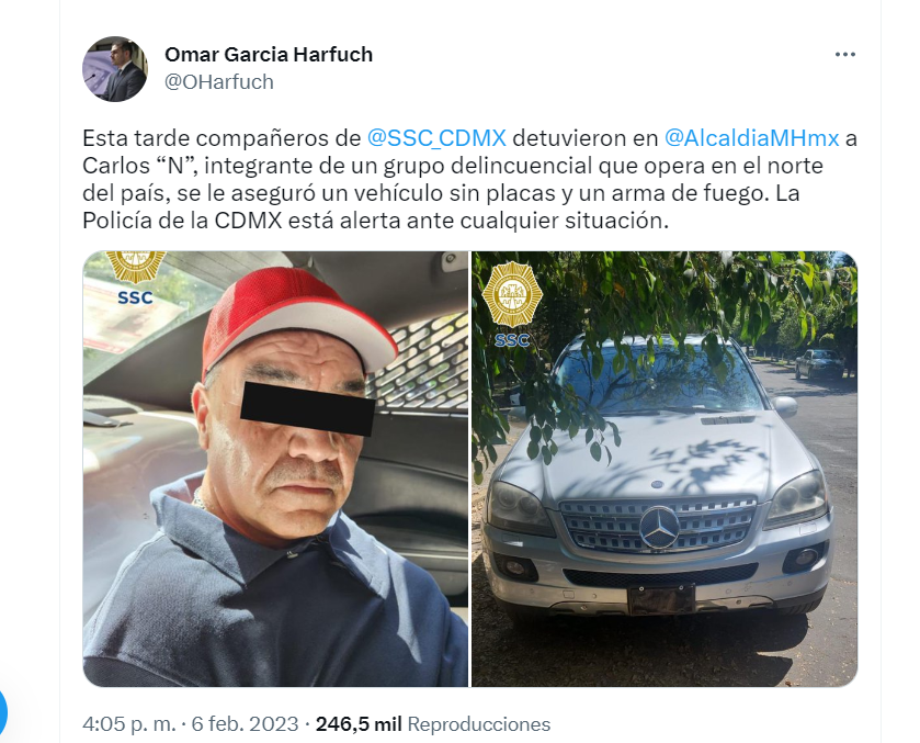 Luego de la captura de Carlos "N", García Harfuch los identificó como integrante de un grupo delictivo 
(Foto: captura de pantalla/Twitter/@OHarfuch)