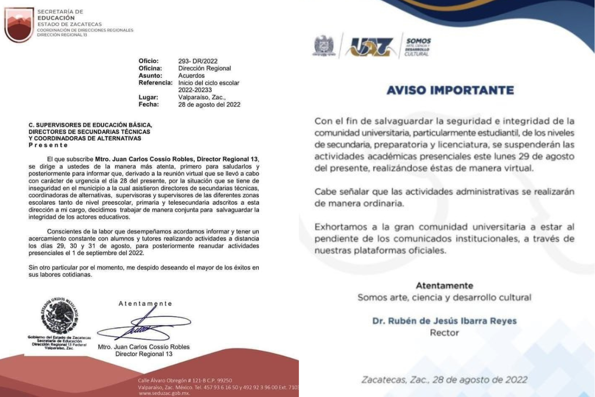 La Universidad Autónoma de Zacatecas fue una de las instituciones educativas que suspendió las clases presenciales para este 29 de agosto (Foto: Twitter@@NotiUAZ / MmagnoliaGarcia)