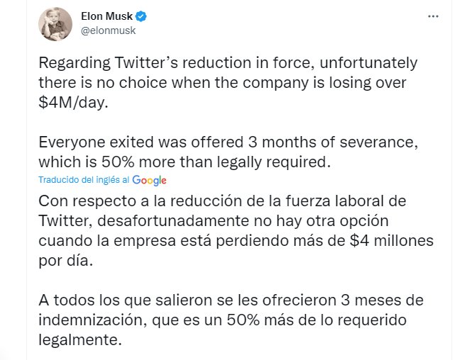 Elon Musk justificó los despidos en Twitter a través de su cuenta oficial.