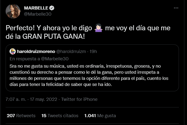 A través de un trino, Marbelle le contestó a un seguidor de Gustavo Petro quien cuestionó su música e inclinaciones políticas.
FOTO: Vía Twitter (@Marbelle30)