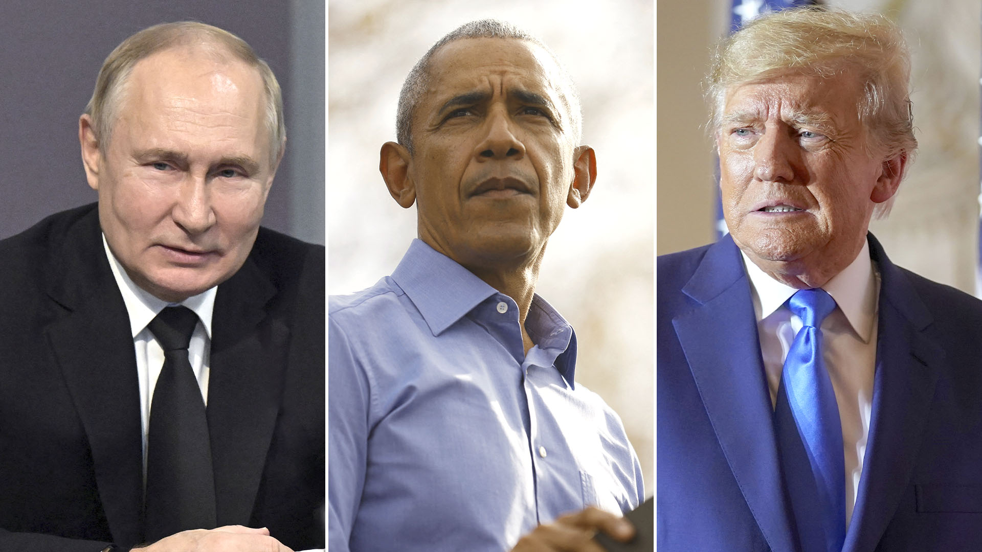 El ex presidente Barack Obama, entre Vladimir Putin y Donald Trump, a quienes, según Carlin, incitó  