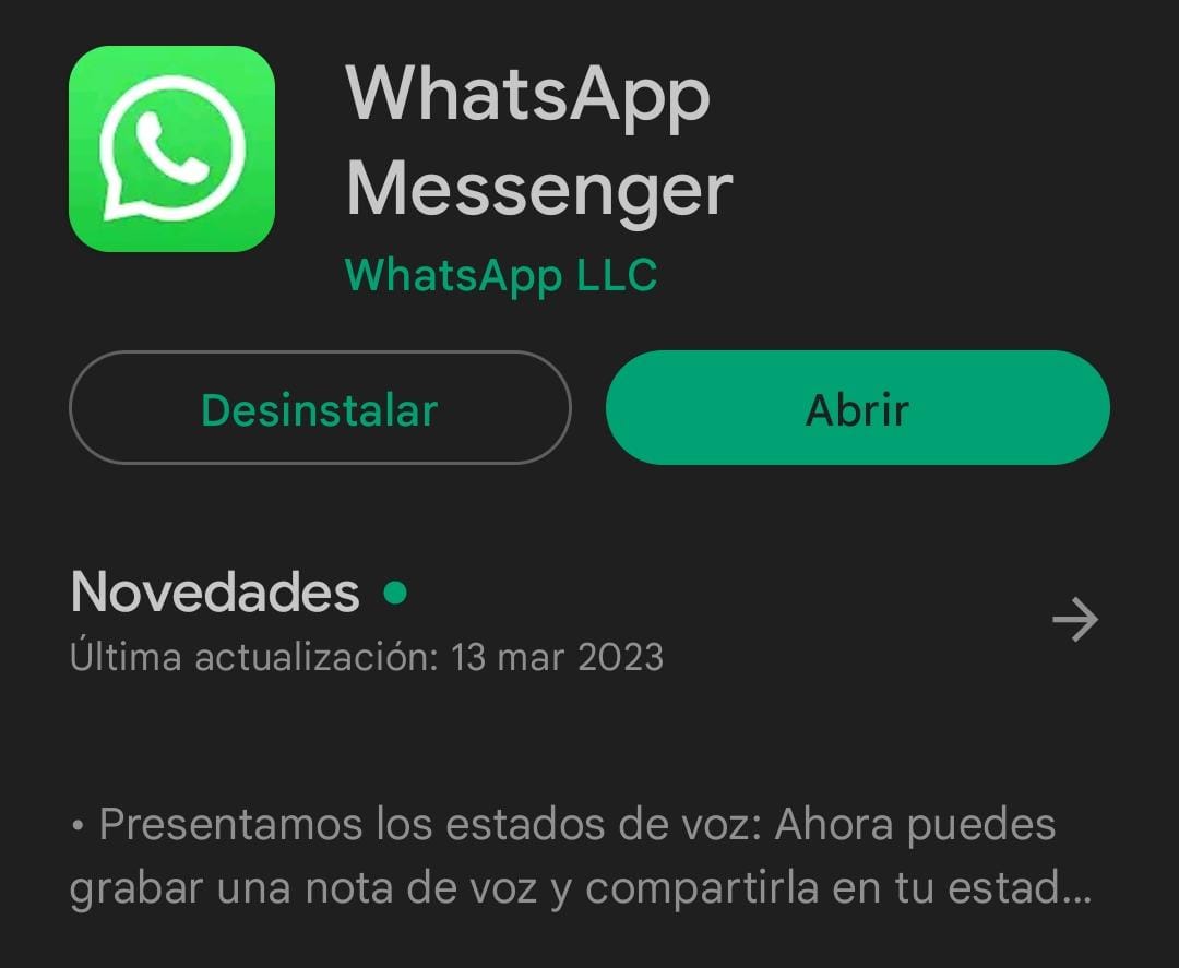 Las actualizaciones de WhatsApp se pueden descargar de forma manual en Google Play Store si aparece el botón "Actualizar". (Captura)