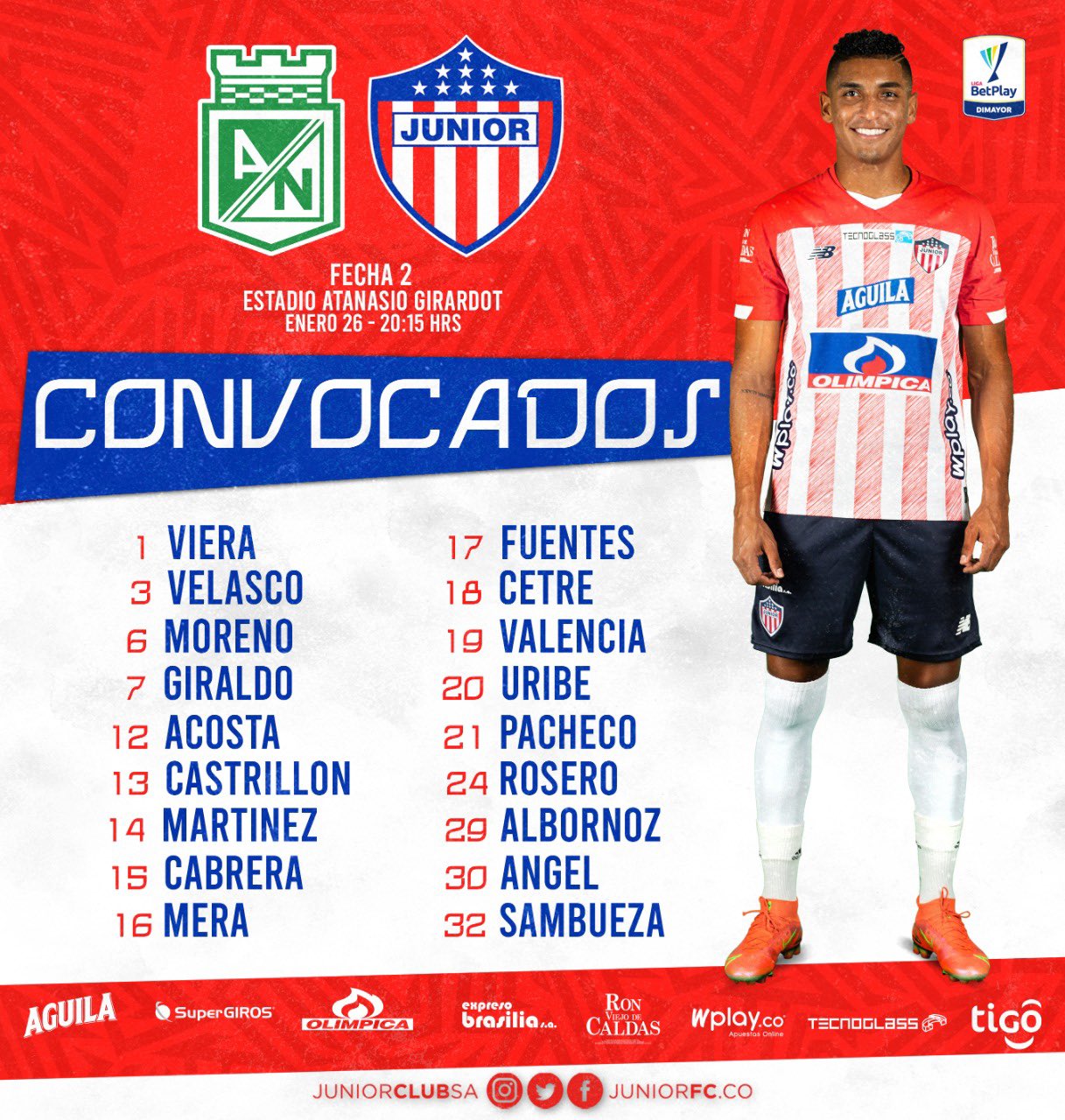 Convocados de Junior de Barranquilla para enfrentar a Atlético Nacional. Fecha 2, Liga BetPlay I-2022